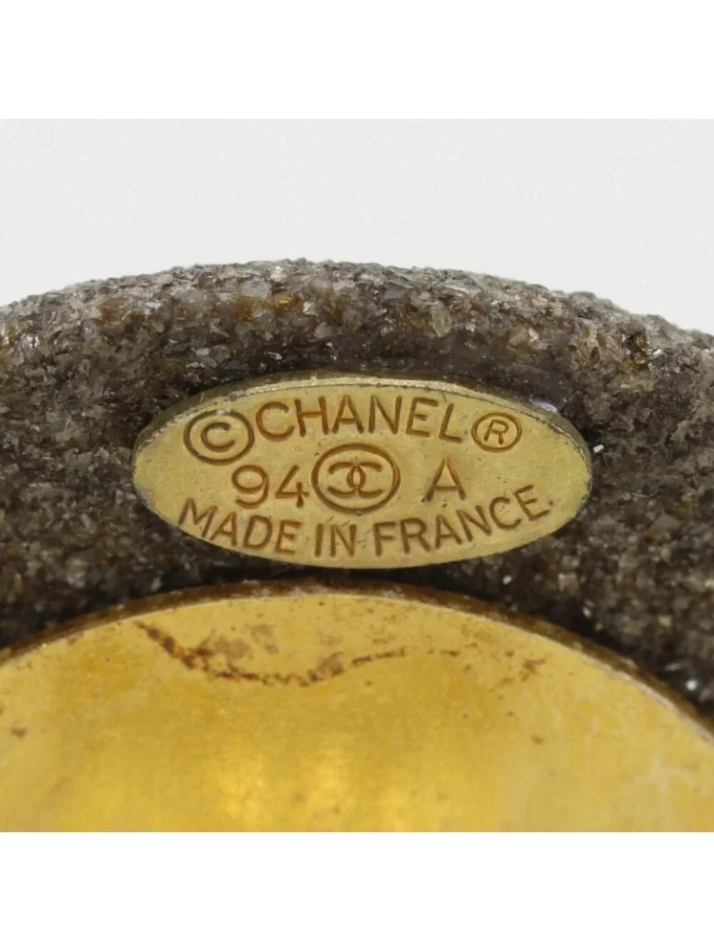 Chanel CC Logo Stone Motif Vintage Gold Plated Gray Earrings